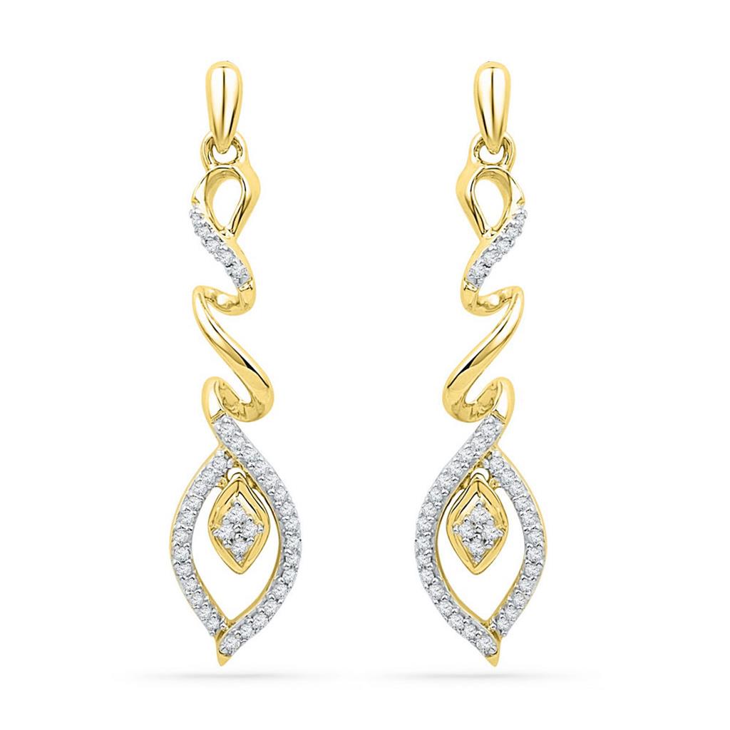 10k Yellow Gold Round Diamond Abstract Leaf Dangle Earrings 1/4 Cttw