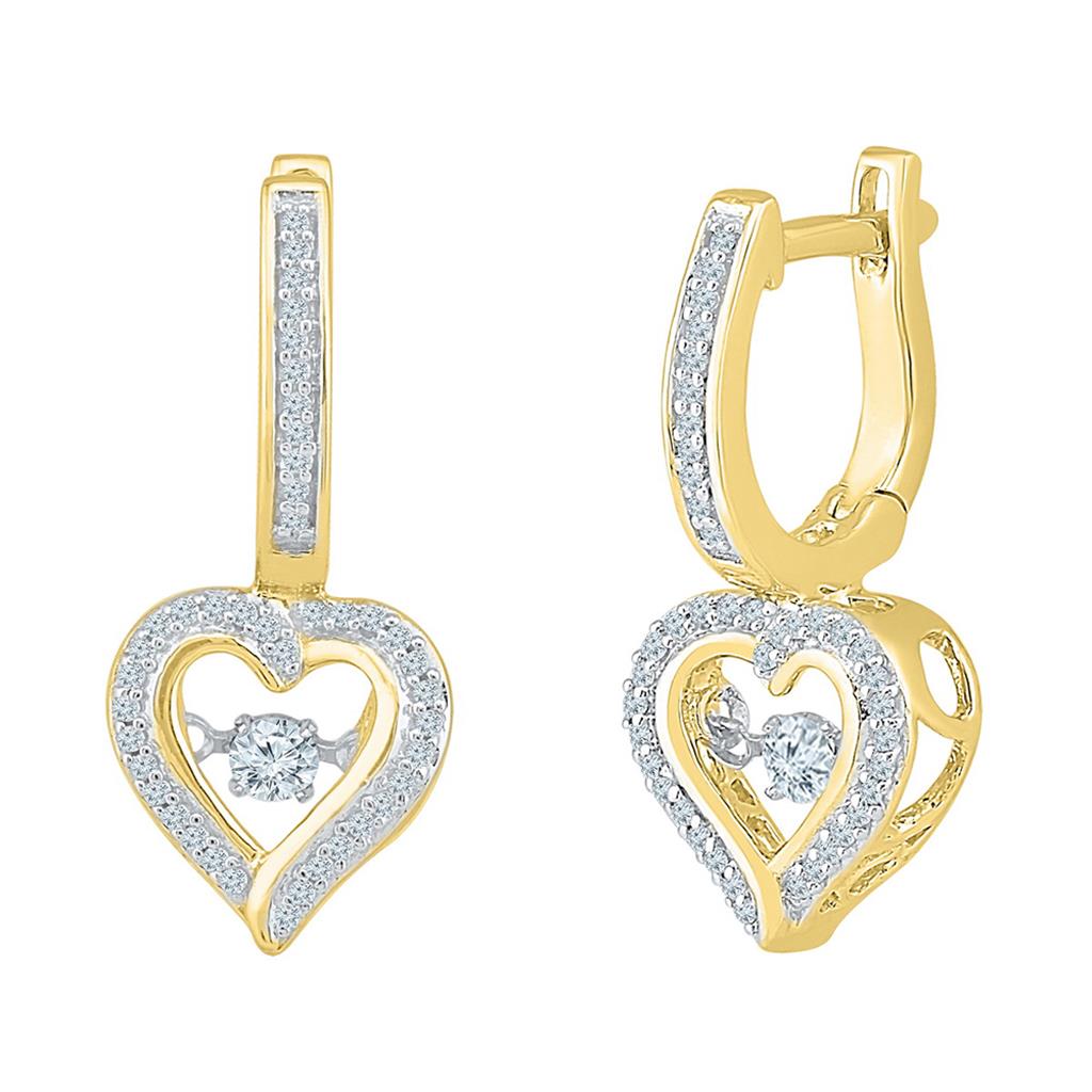 10k Yellow Gold Round Diamond Heart Dangle Hoop Earrings 1/4 Cttw