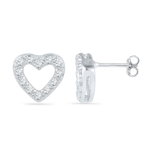 14k White Gold Round Diamond Heart Earrings 1/8 Cttw