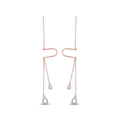 10k Rose Gold Round Diamond Double Teardrop Dangle Threader Earrings 1/8 Cttw