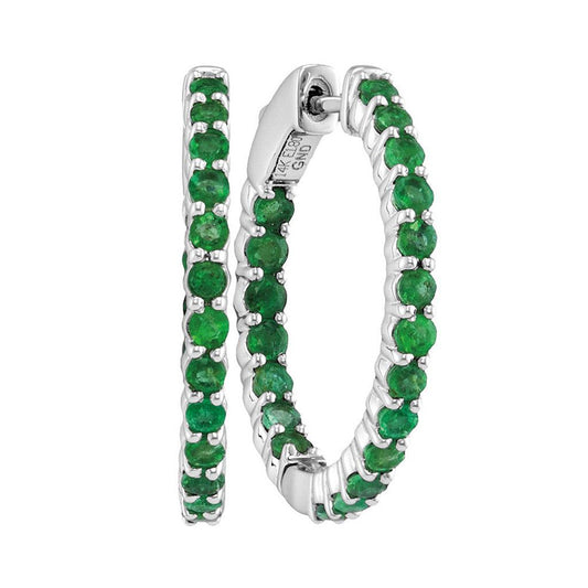 14k White Gold Round Emerald Inside Outside Hoop Earrings 2 Cttw