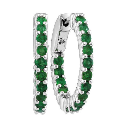 14k White Gold Round Natural Emerald Hoop Earrings 1-1/3 Cttw
