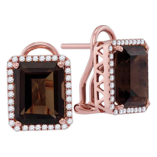 14k Rose Gold Emerald-shape Smoky Quartz Diamond Stud Earrings 6-7/8 Cttw