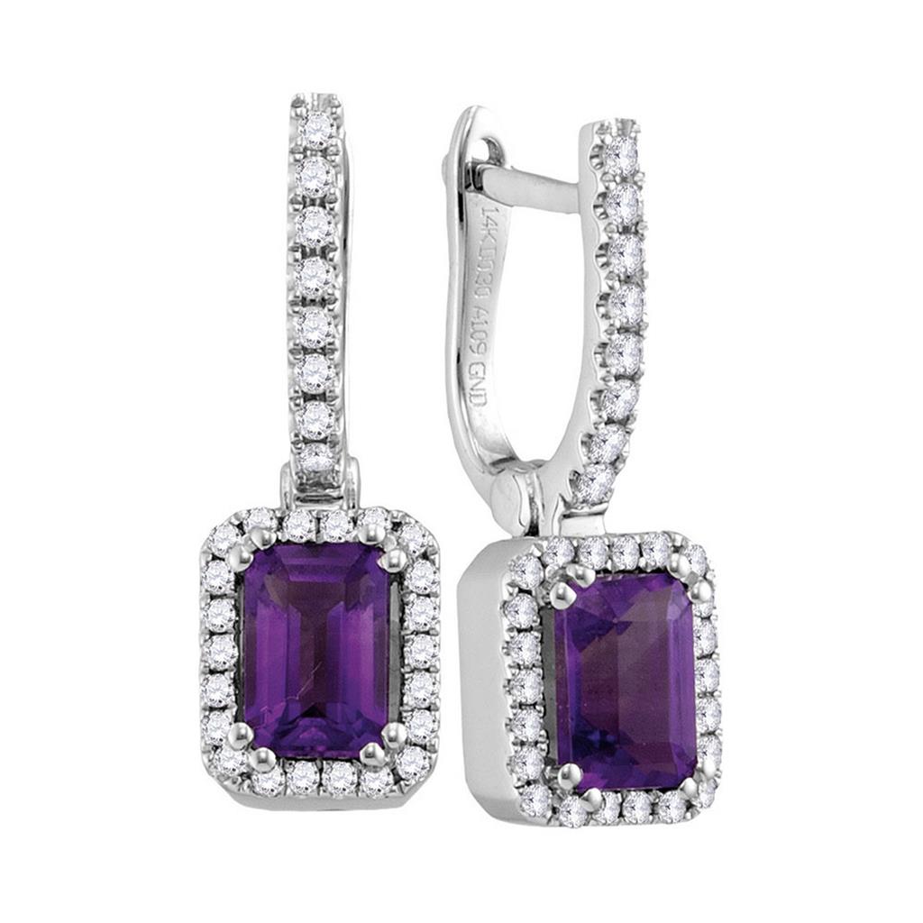 14k White Gold Cushion Amethyst Solitaire Diamond Hoop Dangle Earrings 1/3 Cttw