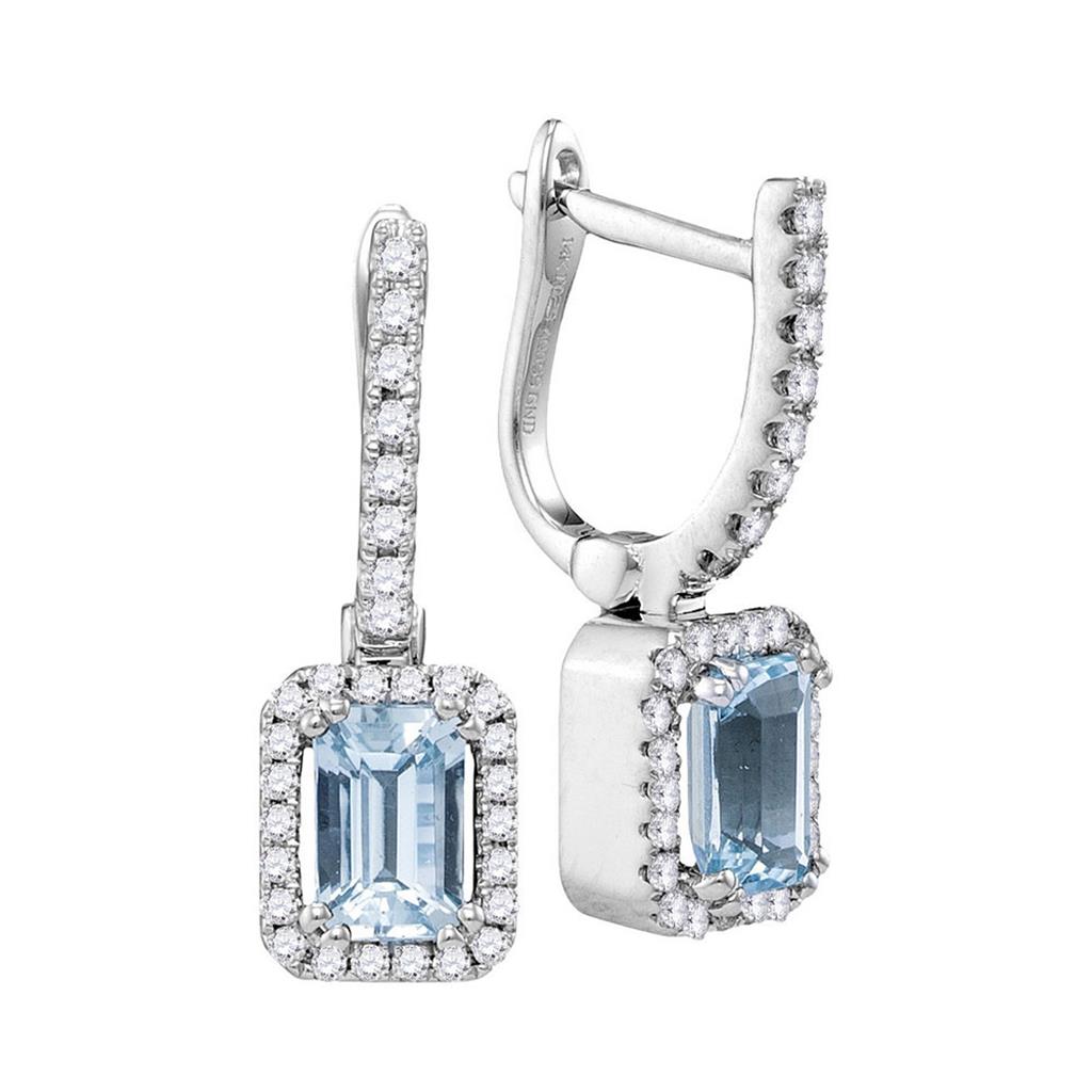 14k White Gold Cushion Aquamarine Solitaire Diamond Hoop Dangle Earrings 1/3 Cttw