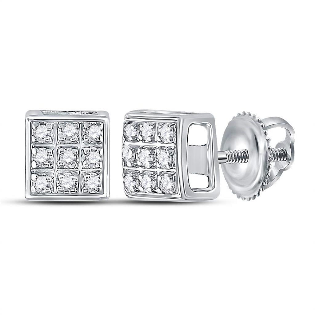 14k White Gold Round Diamond Square Cluster Earrings 1/20 Cttw