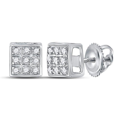 14k White Gold Round Diamond Square Cluster Earrings 1/20 Cttw