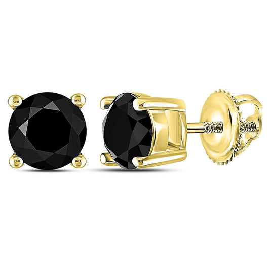 10k Yellow Gold Round Black Diamond Solitaire Earrings 1-1/2 Cttw