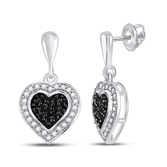 14k White Gold Black Diamond Heart Dangle Earrings 1/2 Cttw