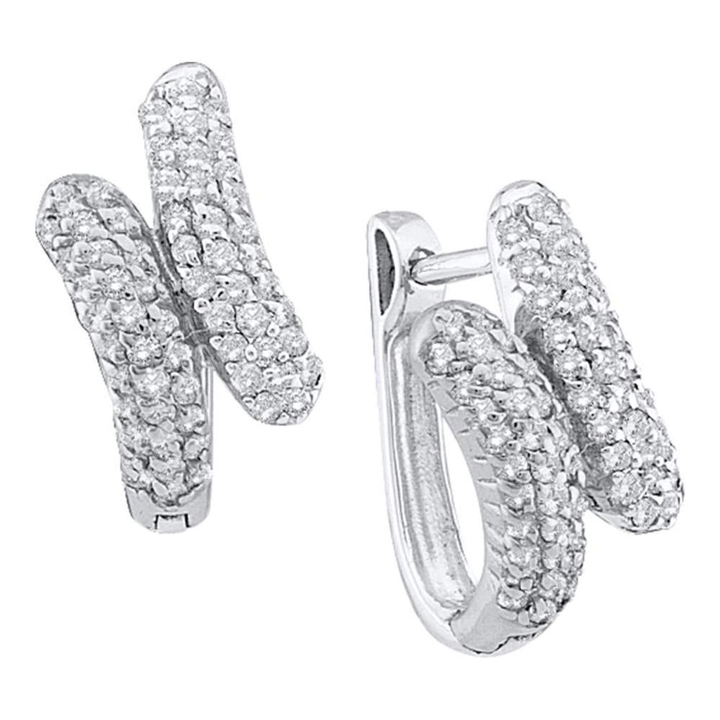 14k White Gold Round Diamond Bypass Huggie Hoop Earrings 1/2 Cttw
