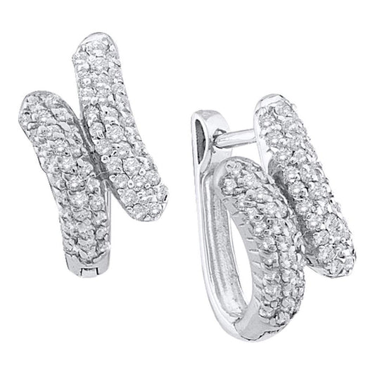 14k White Gold Round Diamond Bypass Huggie Hoop Earrings 1/2 Cttw