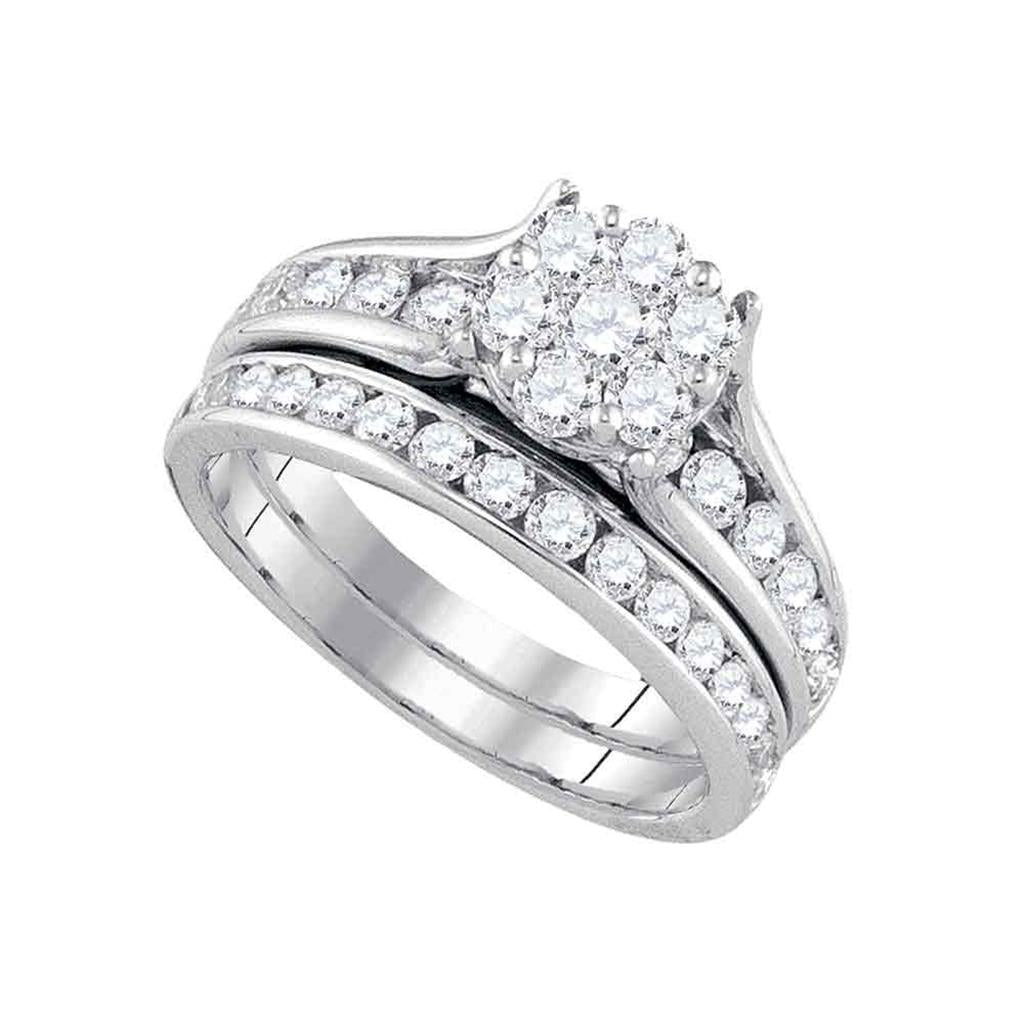 14k White Gold Round Diamond Cluster Bridal Wedding Ring Set 1-1/2 Cttw