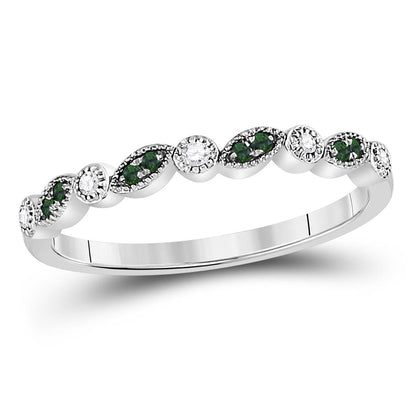 14kt White Gold Round Emerald Diamond Milgrain Stackable Band Ring 1/10 Cttw