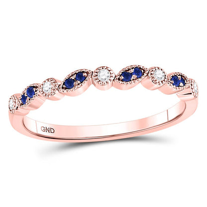 10kt Rose Gold Round Blue Sapphire Diamond Stackable Band Ring 1/10 Cttw