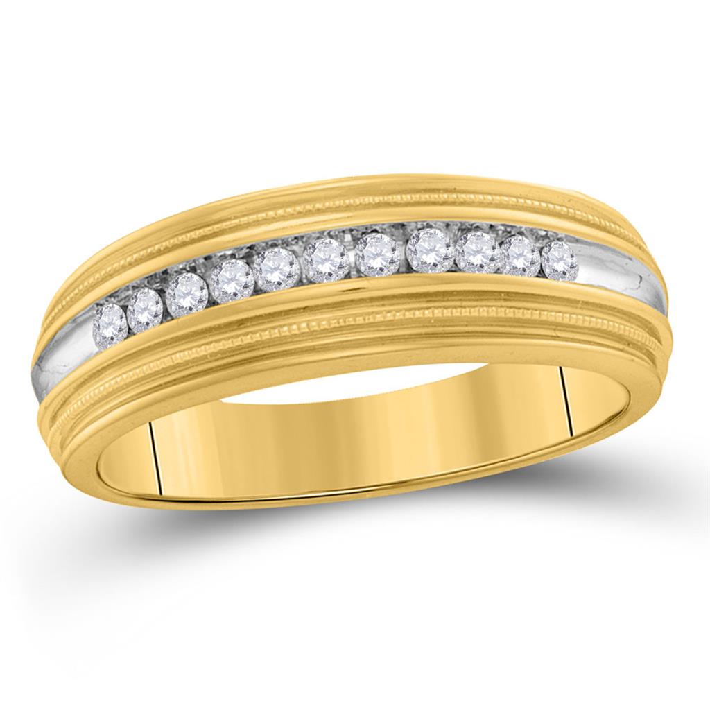 10k Yellow Gold Round Diamond Two-tone Milgrain Wedding Band 1/4 Cttw