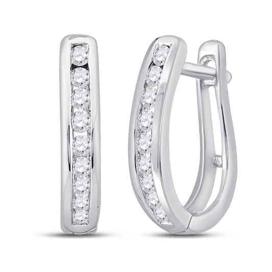 14k White Gold Round Diamond Oblong Hoop Earrings 1/4 Cttw