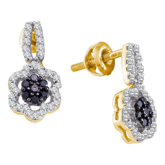 10k Yellow Gold Round Black Diamond Dangle Earrings 1/3 Cttw