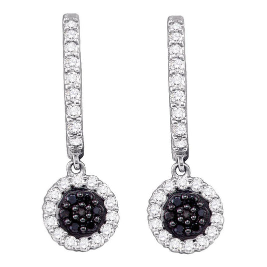 14k White Gold Black Diamond Hoop Flower Cluster Dangle Earrings 1/2 Cttw