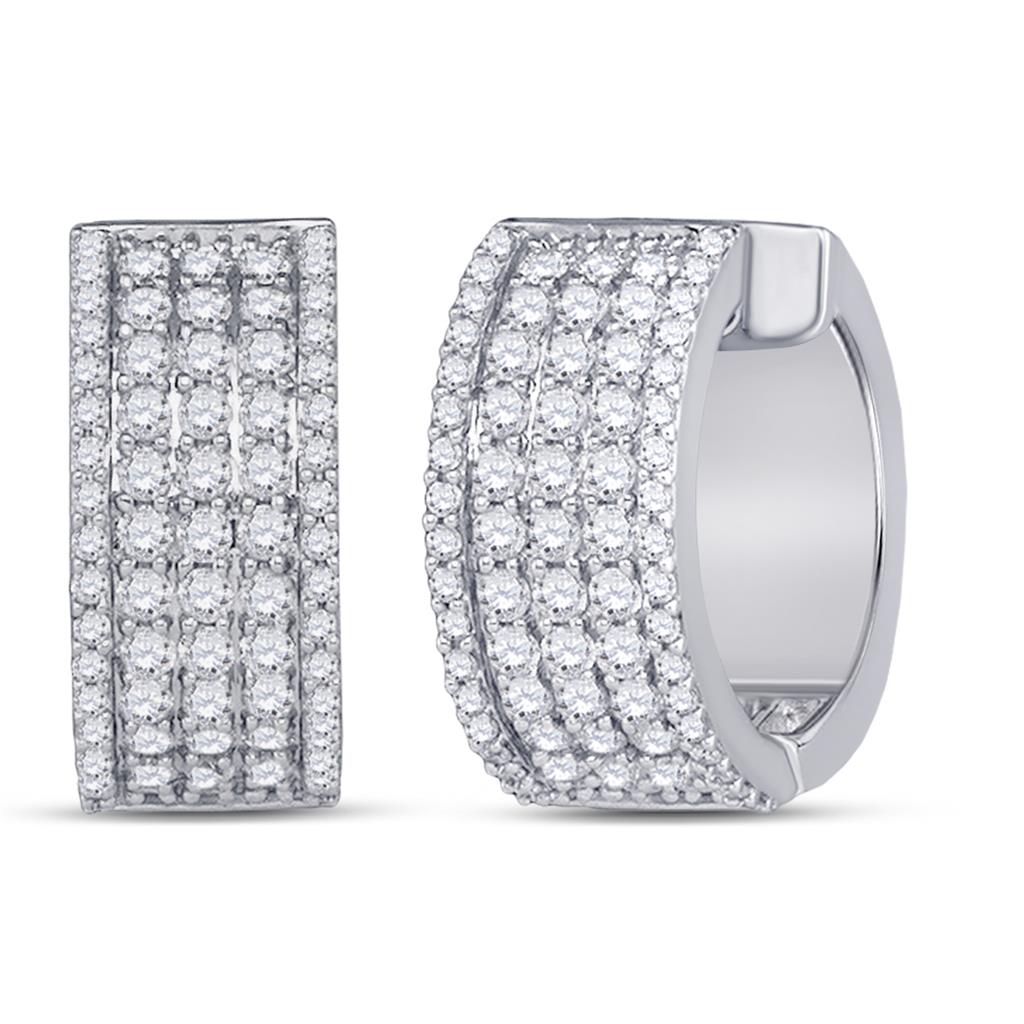 14k White Gold Round Diamond Huggie Earrings 1-5/8 Cttw