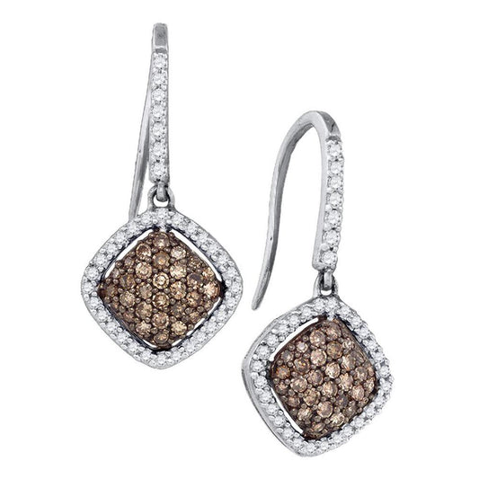 14k White Gold Brown Diamond Square Cluster Dangle Earrings 5/8 Cttw