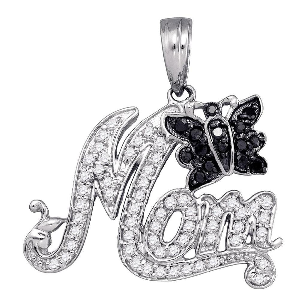 14k White Gold Round Black Diamond Butterfly Mom Pendant 1/4 Cttw