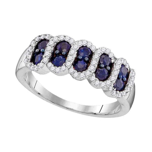 14k White Gold Round Blue Sapphire Diamond Stripe Band 1 Cttw
