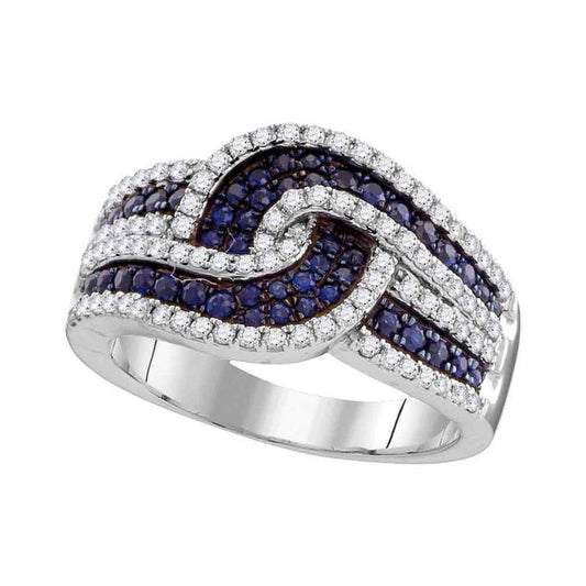 14k White Gold Round Blue Sapphire Swirl Band Ring 1 Cttw