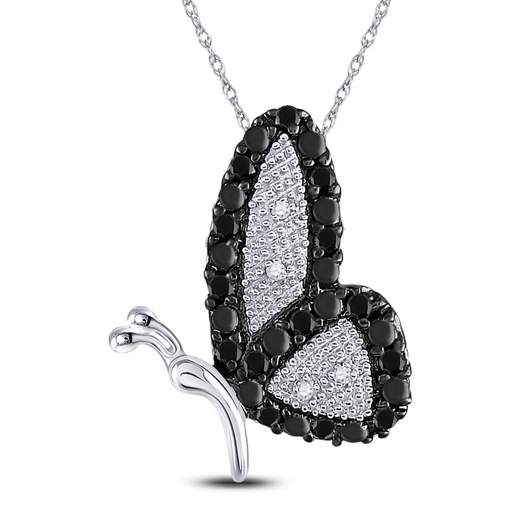14k White Gold Round Black Diamond Butterfly Bug Pendant 1/4 Cttw