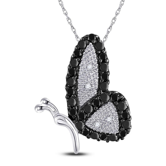 14k White Gold Round Black Diamond Butterfly Bug Pendant 1/4 Cttw