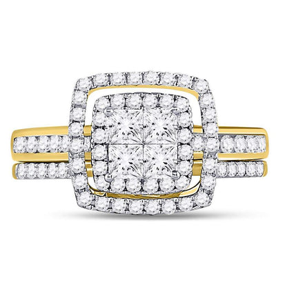 14k Yellow Gold Princess Diamond Cluster Bridal Engagement Ring 1 Cttw