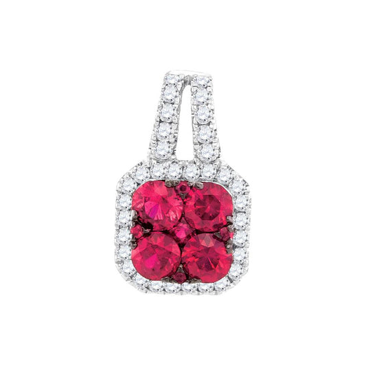 14k White Gold Round Ruby Diamond Square Cluster Pendant 3/4 Cttw