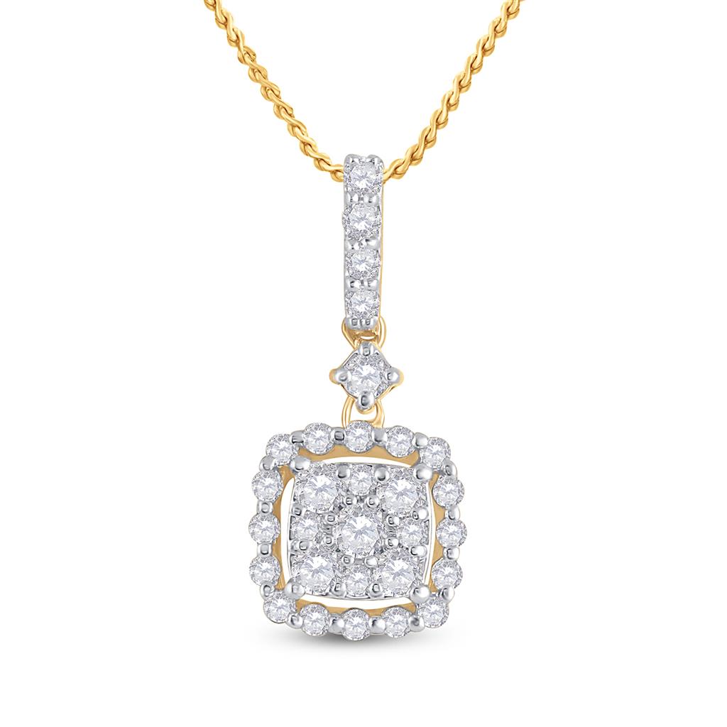 14k Yellow Gold Round Diamond Square Dangle Cluster Pendant 1/2 Cttw