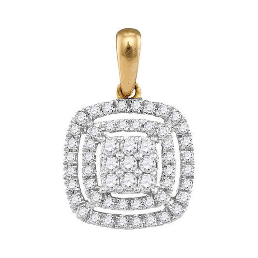 14k Yellow Gold Round Diamond Concentric Square Cluster Pendant 1/3 Cttw