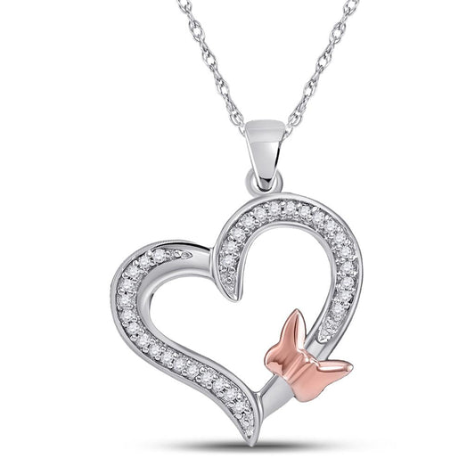 14k White Gold Round Diamond Heart Rose-tone Butterfly Bug Pendant 1/10 Cttw