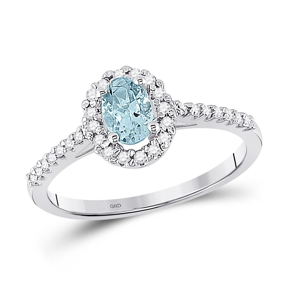 14k White Gold Oval Aquamarine Diamond-accent Solitaire Ring 1/5 Cttw