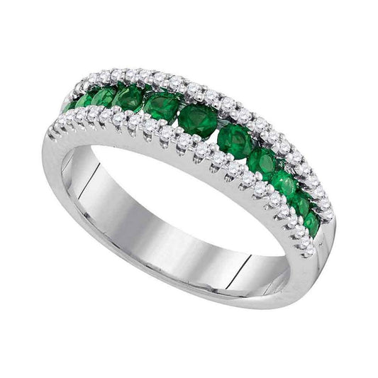 14k White Gold Round Emerald Diamond Triple Row Band Ring 7/8 Cttw