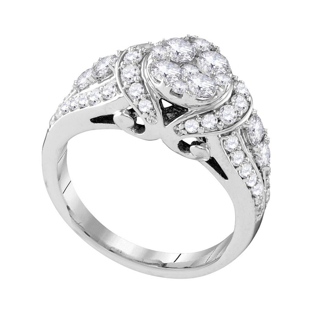 14k White Gold Round Diamond Cluster Bridal Engagement Ring 1-1/2 Cttw