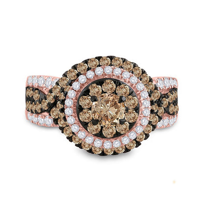 14k Rose Gold Round Brown Diamond Halo Bridal Engagement Ring 2 Cttw