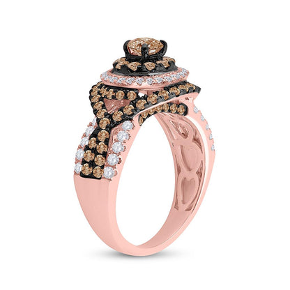 14k Rose Gold Round Brown Diamond Halo Bridal Engagement Ring 2 Cttw