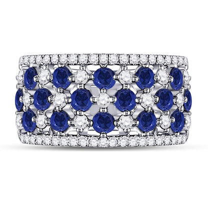 18k White Gold Round Blue Sapphire Diamond Checkered Band Ring 2 Cttw