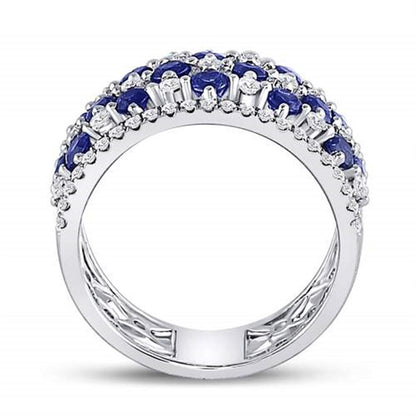 18k White Gold Round Blue Sapphire Diamond Checkered Band Ring 2 Cttw