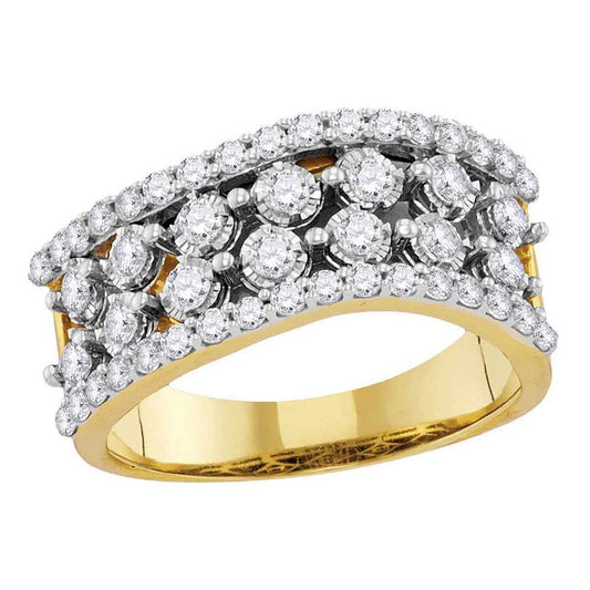 14k Yellow Gold Round Diamond Contoured Four Row Band Ring 7/8 Cttw
