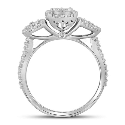 14k White Gold Round Diamond Triple Cluster Bridal Engagement Ring 1 Cttw