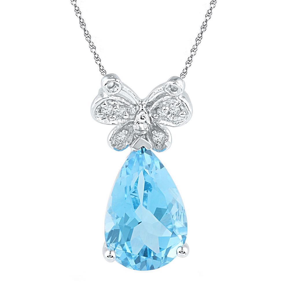 Sterling Silver Pear Created Blue Topaz Teardrop Butterfly Pendant 1/20 Cttw
