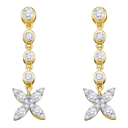 10k Yellow Gold Round Diamond Flower Cluster Dangle Earrings 3/4 Cttw