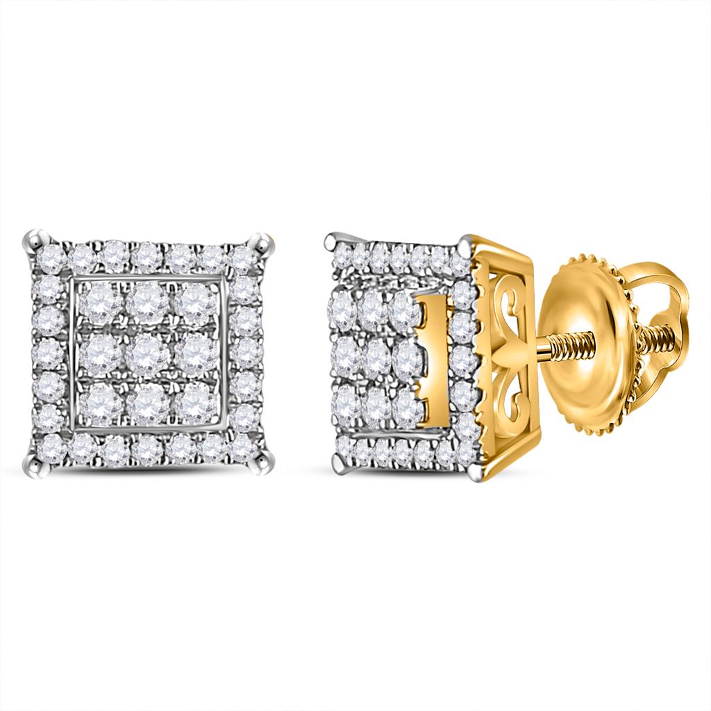 14k Yellow Gold Round Diamond Square Cluster Earrings 1/4 Cttw