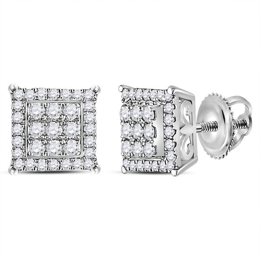 14k White Gold Round Diamond Square Cluster Earrings 1/4 Cttw