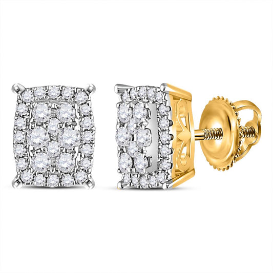 14k Yellow Gold Round Diamond Rectangle Cluster Earrings 1/4 Cttw