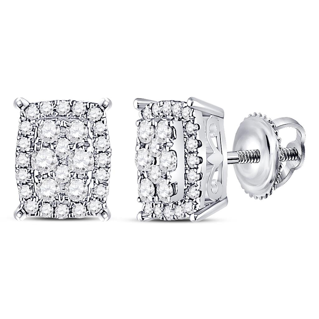 14k White Gold Round Diamond Rectangle Cluster Earrings 1/4 Cttw