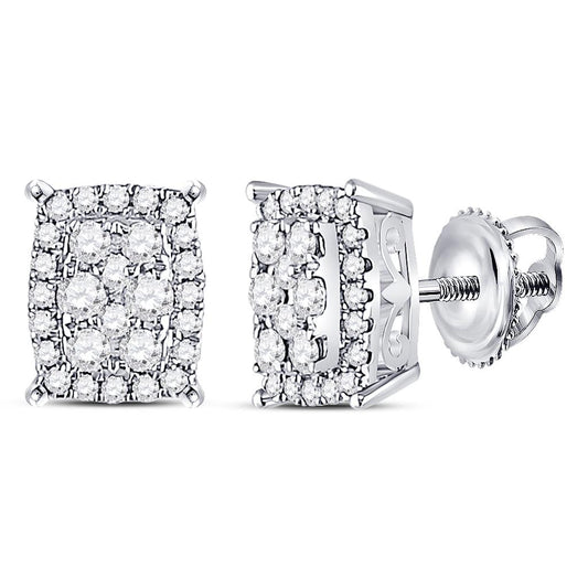 14k White Gold Round Diamond Rectangle Cluster Earrings 1/4 Cttw